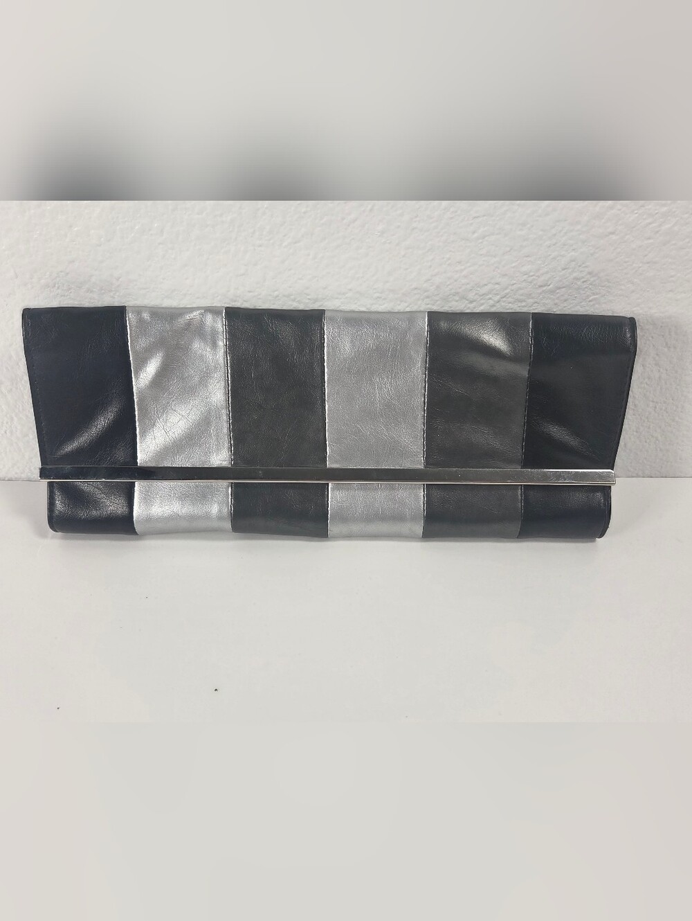 Striped Black & Silver Leather Fold-Over Clutch